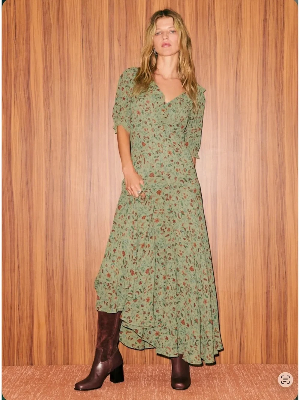 Reformation Evra Floral Ruffle Midi Dress Ponderosa Green Size 6 NWT Romantic - Picture 5 of 12